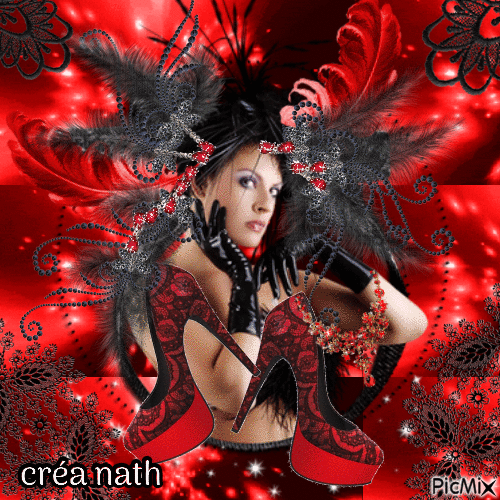 femme avec plumes,perles et dentelle en noir et rouge - Free animated GIF