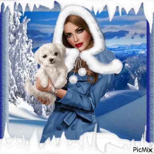 Femme et son chien en hiver - png gratis