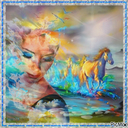 Peinture aquarelle d'une fille et un cheval - Δωρεάν κινούμενο GIF