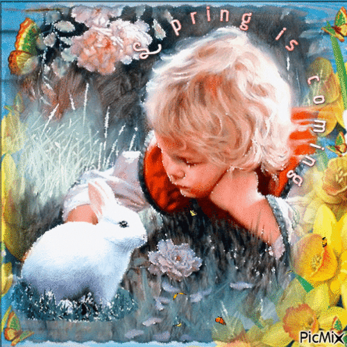 Frühlingskind mit einem Kaninchen - Gratis geanimeerde GIF