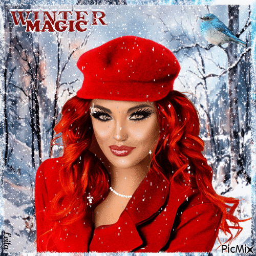 Winter magic. Woman in red - Δωρεάν κινούμενο GIF