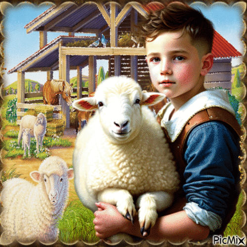 Kid and sheep - Бесплатни анимирани ГИФ