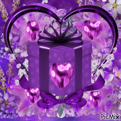 PURPLE FLOWERS IN THE BACKGROUND, A PURPLE HEART. THREE HEARTS AND A BIG PURPLE PRESENT AND A BOW. - Bezmaksas animēts GIF