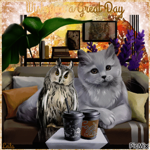Wish you a Great Day. Cat and a owl - Darmowy animowany GIF