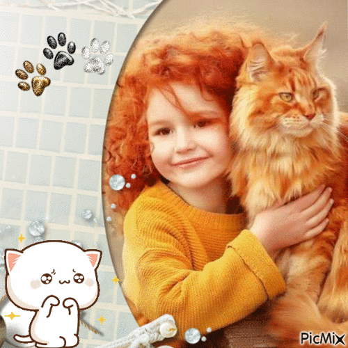 fillette rousse et chat roux couleur de l'automne - Безплатен анимиран GIF