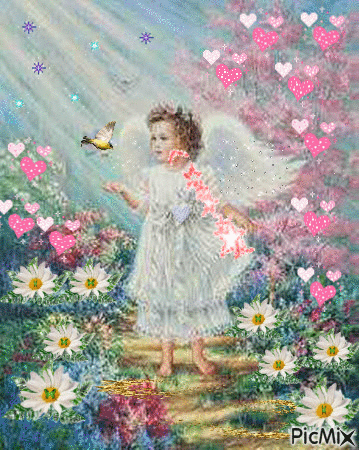 LITTLE ANGEL CATCHING A BIRD AMONG ALL THE FLOWERS, GLITTER AND PINK HEARTS. - Gratis geanimeerde GIF