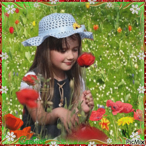 La petite fille et les fleurs - Бесплатный анимированный гифка
