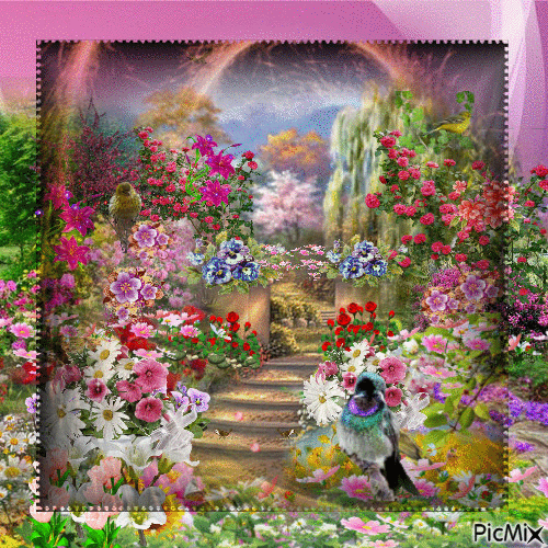 PRETTY GRADEN WALK, WITH PURPLE, BLUE, WHITE AND RED FLOWERS, SOME MOVING, SOME SPARKLING,GREEN BIRD ON BOTTOM FLOWERS YELLOW BIRDS AT TOP, AND YELLOW BIRDS ON BRANCHES. - GIF animasi gratis