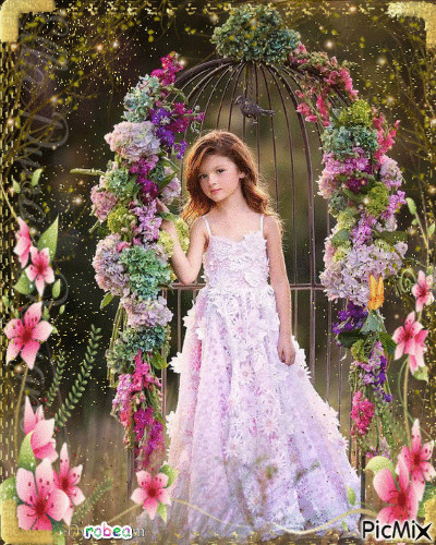 Belle jeune fille entouré de fleurs - Ingyenes animált GIF
