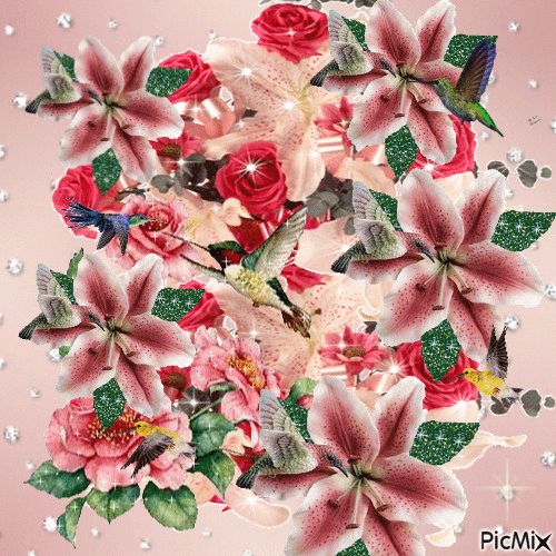LIGHT PINK AND DARK PINK FLOWERS WITH SPARKLESYELLOW AND GREEN HUMMING BIRDS FLUTTERING, A PINK BACK GROUND WITH SPARKLES. - Бесплатни анимирани ГИФ