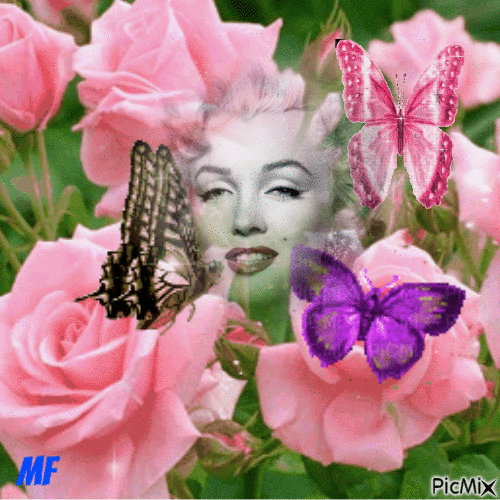 une femme parmi les roseset papillons - GIF animado grátis
