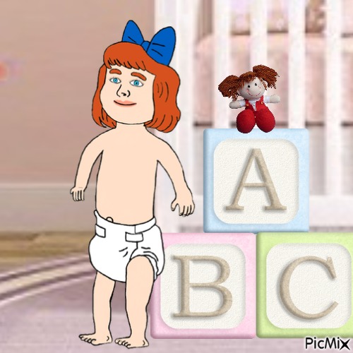 Baby with dolly and alphabet blocks - Free PNG