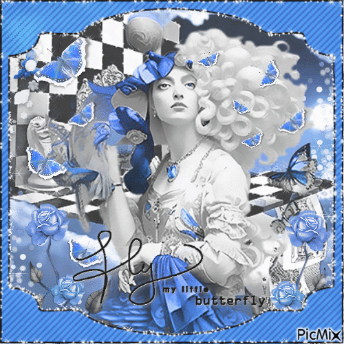 Artistic woman butterfly black white blue - GIF เคลื่อนไหวฟรี
