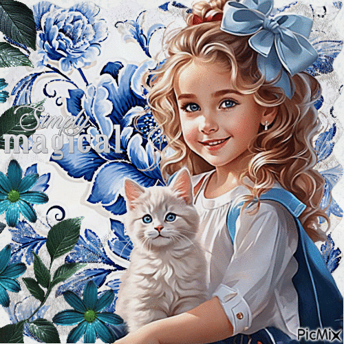 Mädchen mit einem weißen Kätzchen - Bezmaksas animēts GIF