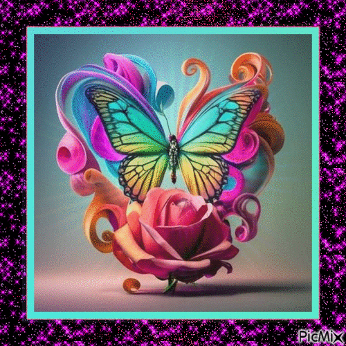 papillon et rose art - GIF animado grátis