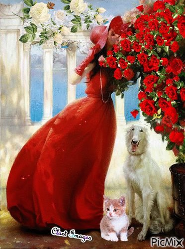 Dama Rossa tra le Rose Rosse - GIF animado gratis