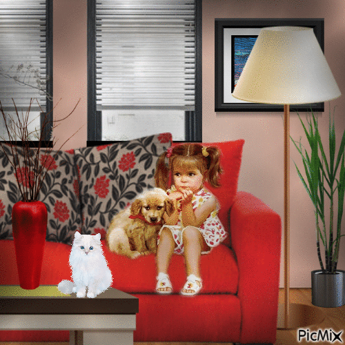 Kleines Mädchen und Tiere in einem Wohnraum - Gratis animeret GIF