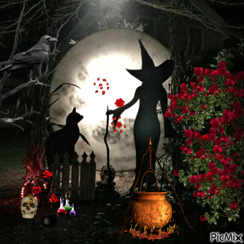 Hexe und rote Rosen - Безплатен анимиран GIF