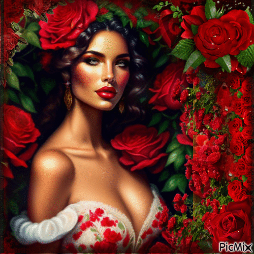 Retrato de mujer y rosas rojas. - Бесплатный анимированный гифка