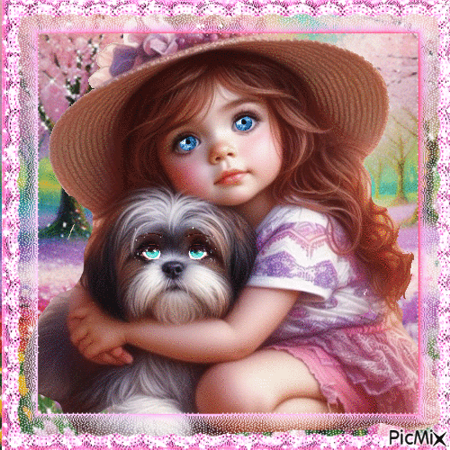 niña con su perro - Бесплатный анимированный гифка