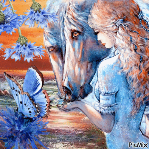 La jeune fille et les chevaux - Δωρεάν κινούμενο GIF