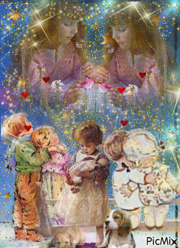 a sparkly sky 2 angels in the sky,five little boys RNd gils looking at the stars. there are some red hearts. and 2 little puppies. - GIF animado grátis