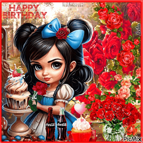 Happy Birthday. Girl, rose garden - Безплатен анимиран GIF
