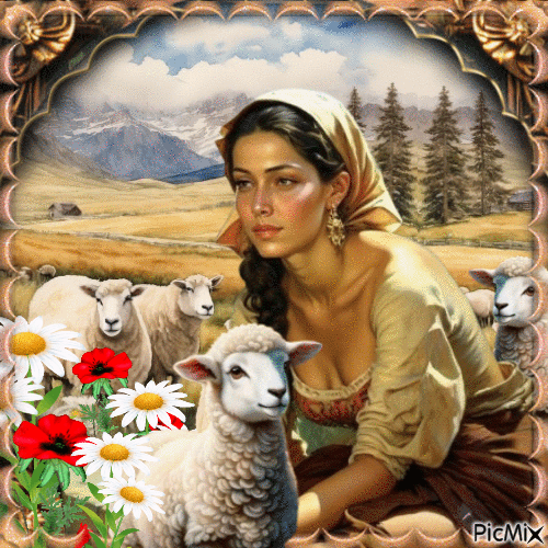 Женщина с овцами, - GIF เคลื่อนไหวฟรี