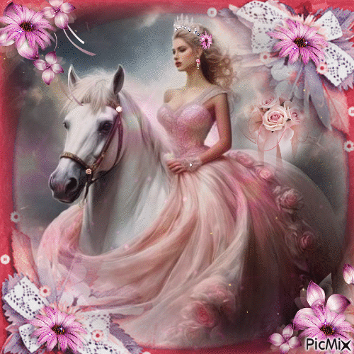 Princesa a caballo en tonos rosa - GIF animé gratuit