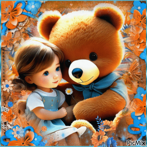 The little girl and her teddy in orange and blue - Free animated GIF