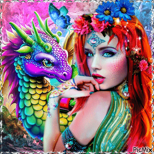 Arco iris, dragón, mujer - Fantasía - Gratis animeret GIF