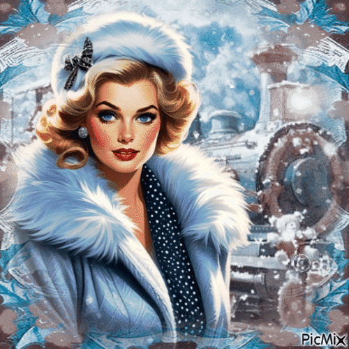 concours - Femme élégante et train en hiver / vintage - Δωρεάν κινούμενο GIF
