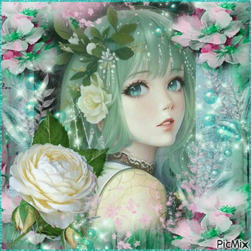 Turquoise anime girl with rose - Ingyenes animált GIF