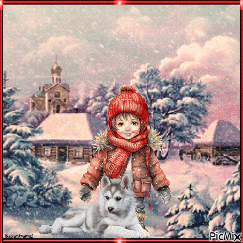 Kleines Mädchen mit ihrem Wolf im Winter - 無料のアニメーション GIF