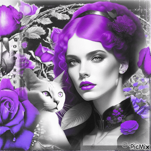 Woman cat purple hair - Gratis geanimeerde GIF