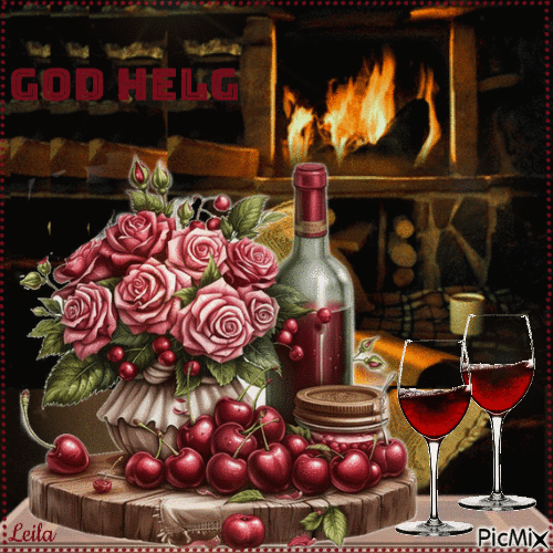 Happy Weekend. Fireplace, red wine, roses - Ingyenes animált GIF