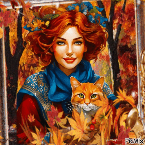 Portrait de femme et son chat en automne - Besplatni animirani GIF