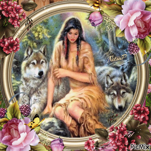 Native Indian woman with her wolves - GIF animé gratuit