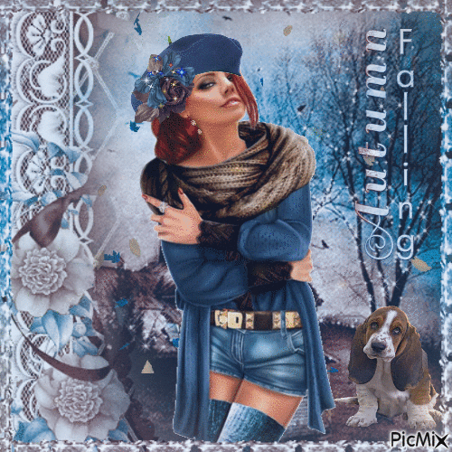 Red-haired woman at fall with a beret - 免费动画 GIF