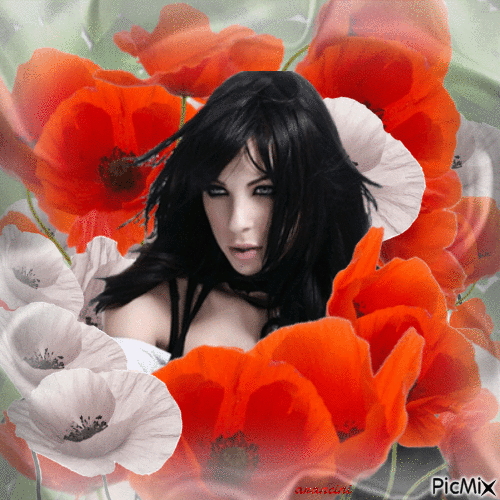Girl with poppies - GIF animado grátis