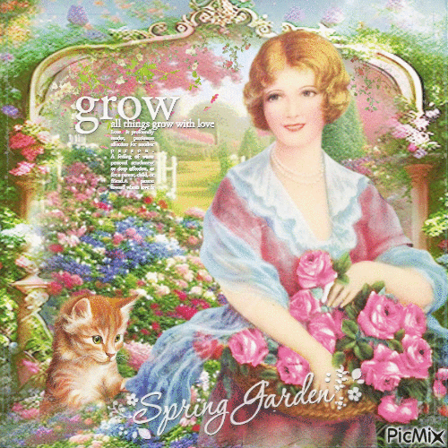 Spring garden woman cat vintage - Besplatni animirani GIF