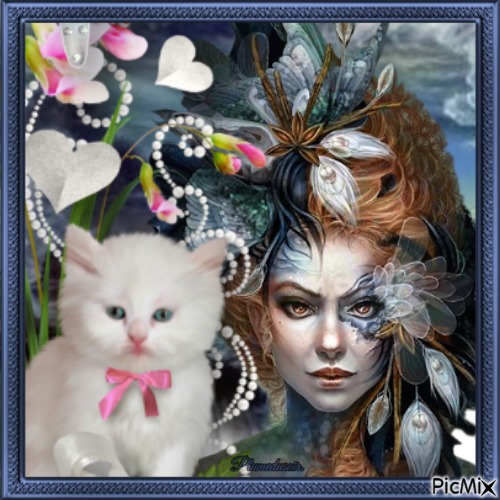 Femme fantasy avec son chat. - png gratis