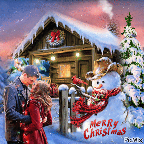 Merry Christmas - Couple, Snowman and Little House - Free animated GIF