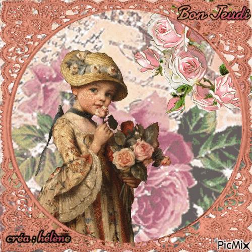 Fillette au bouquet de roses  _ vintage - GIF animé gratuit