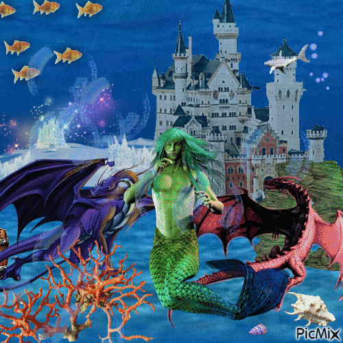 A Merman And He Dragons - Бесплатный анимированный гифка