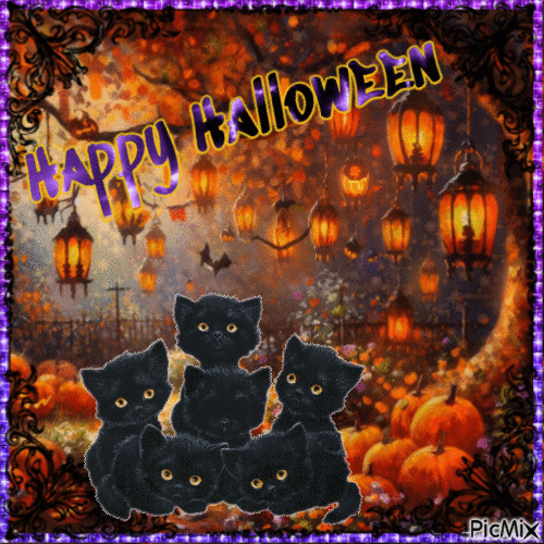 Black Kittens Halloween Greeting - Free animated GIF