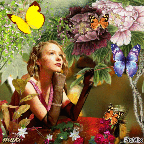 Woman with butterflies - Free animated GIF