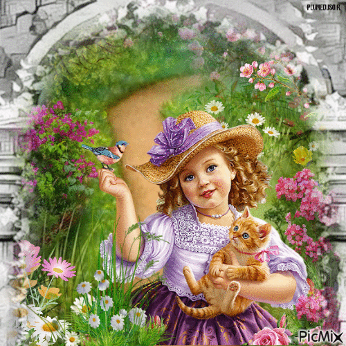Petite fille dans son jardin fleuri. - Free animated GIF