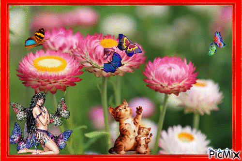 Les fleurs et les papillons - Бесплатный анимированный гифка