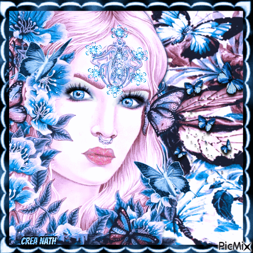 femme avec des papillons et des fleurs en rose et bleu - 免费动画 GIF